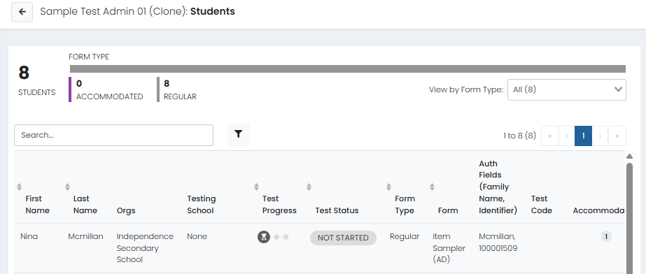 Students page showing student list, search and filter options, and test progress for assigned students.