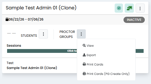 Administration actions menu open with options to view, export, and print cards for the selected inactive administration.