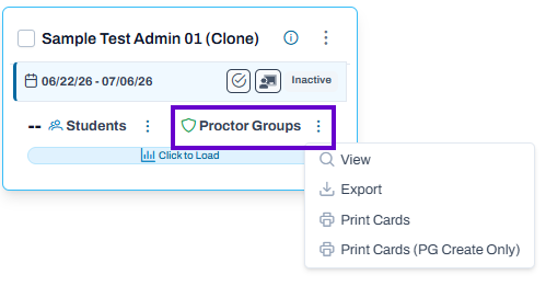Administration actions menu open with options to view, export, and print cards for the selected inactive administration.