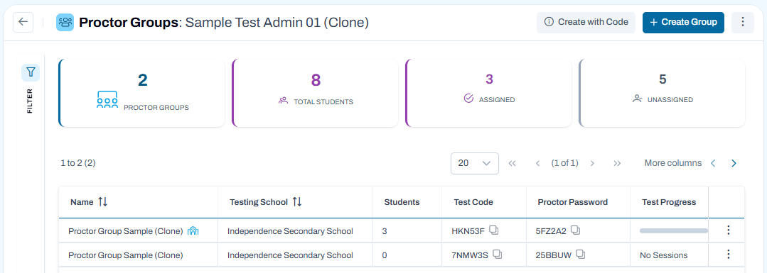 Proctor Groups page showing group summaries and testing credentials for existing proctor groups.