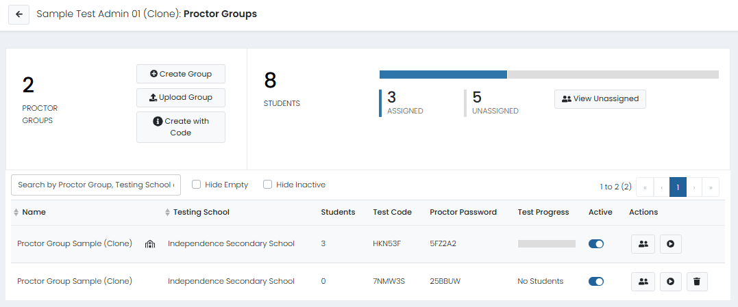 Proctor Groups page showing group summaries and testing credentials for existing proctor groups.