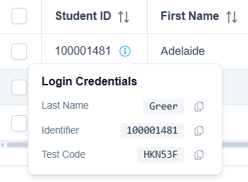Icon with a lowercase letter i, showing a popup with login credentials including last name, identifier, and test code.