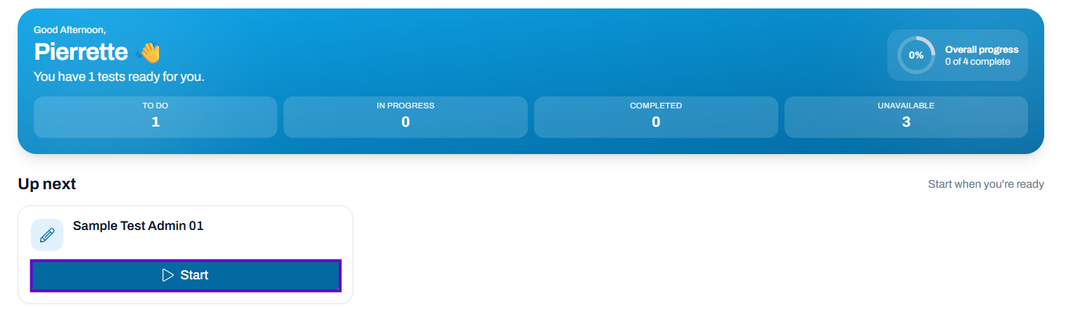 Student dashboard showing one test ready to start.