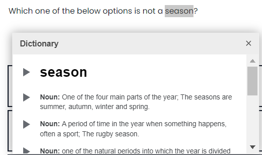 sample dictionary popup on test item