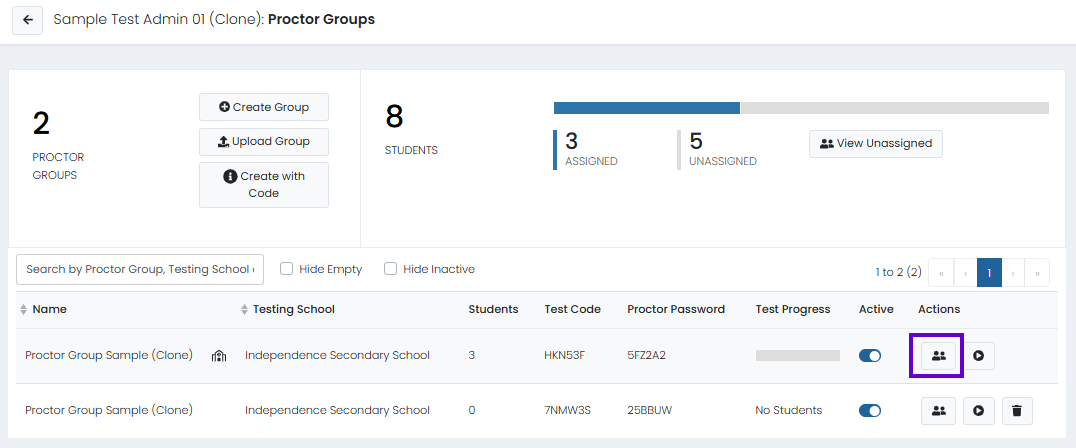 Proctor Groups page showing group list, assigned and unassigned student counts, and actions for managing proctor groups.