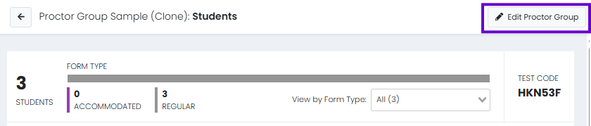 Proctor group students page showing assigned students, test code, form type summary, and Edit Proctor Group option.