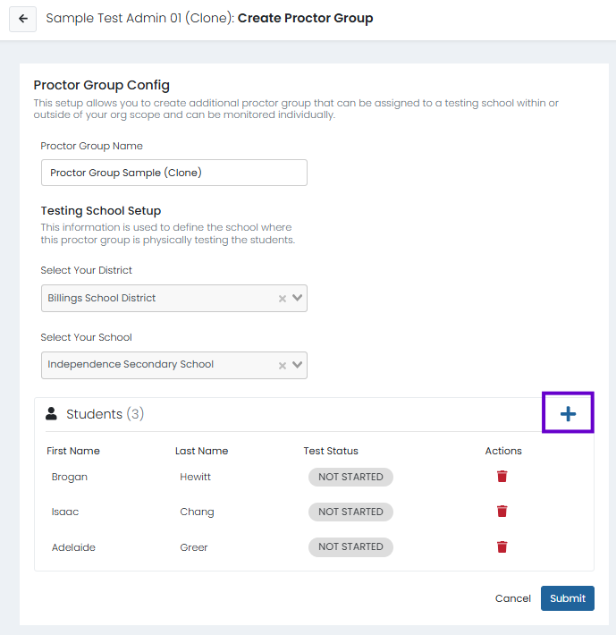 Edit Proctor Group page showing group details, assigned students, and Add Student option to update group membership.
