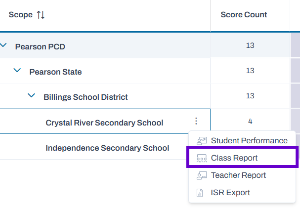 Class Report option highlighted in actions dropdown.