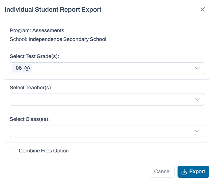 Sample ISR Export filter window.