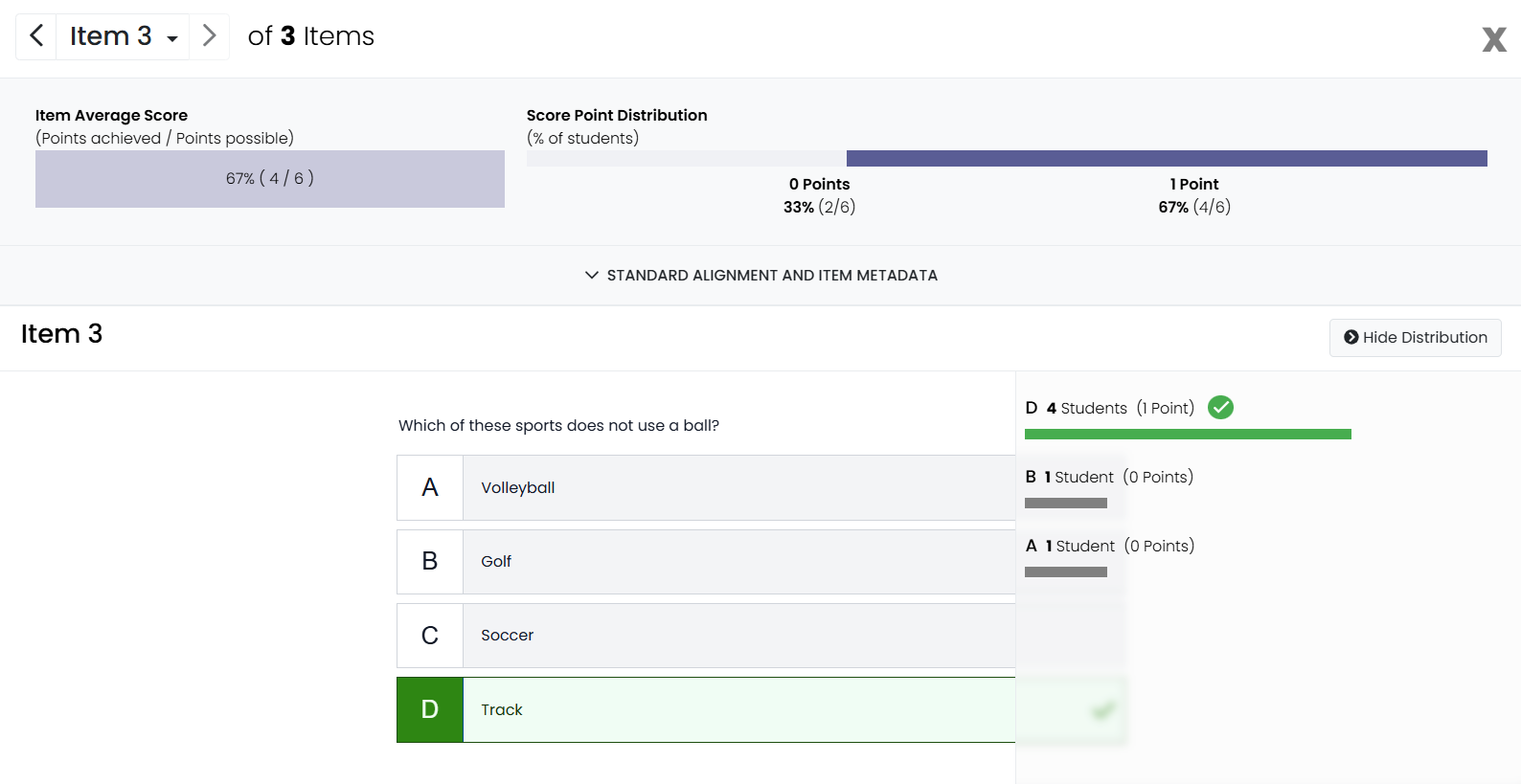Reporting showing response distribution data for Item 3