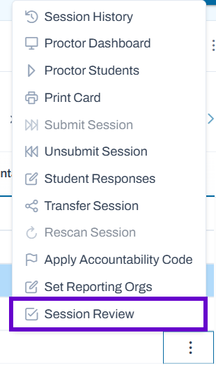 Session review option highlighted in Actions dropdown menu.