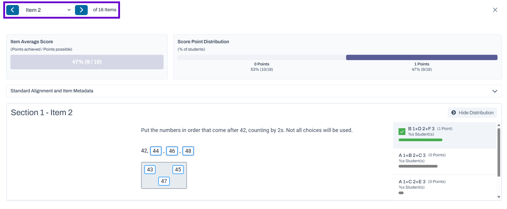 Response distribution data is designed only for ADAM-delivered tests. Response distribution data for Item 2.
