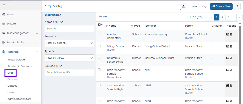 Orgs page with search filters visible and results table listing organizations with edit and delete actions.