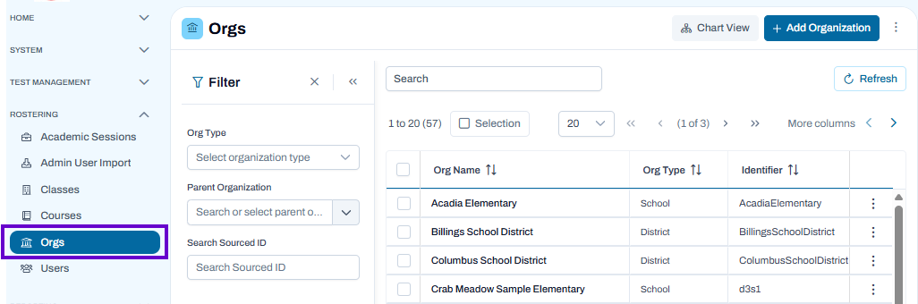 Orgs page with search filters visible and results table listing organizations with edit and delete actions.