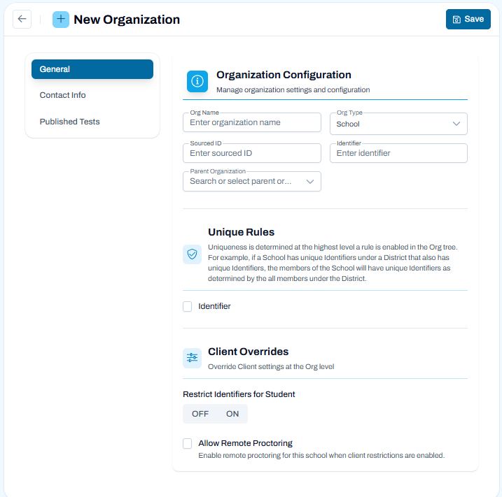 New Organization page with General settings selected, showing fields to configure organization details and hierarchy before saving.