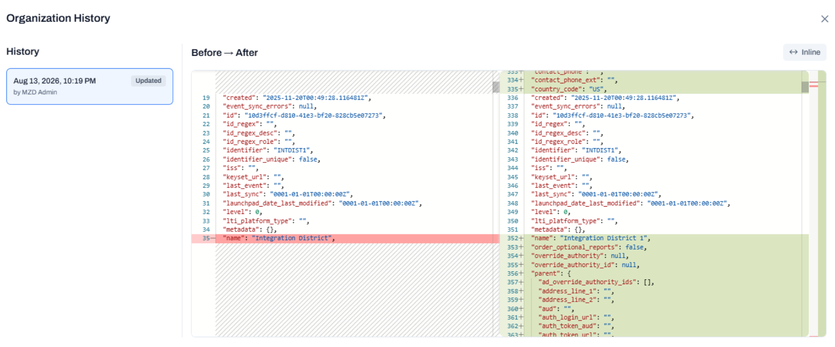 Sample organization history page.