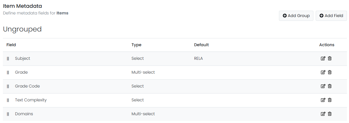 sample list of item metadata