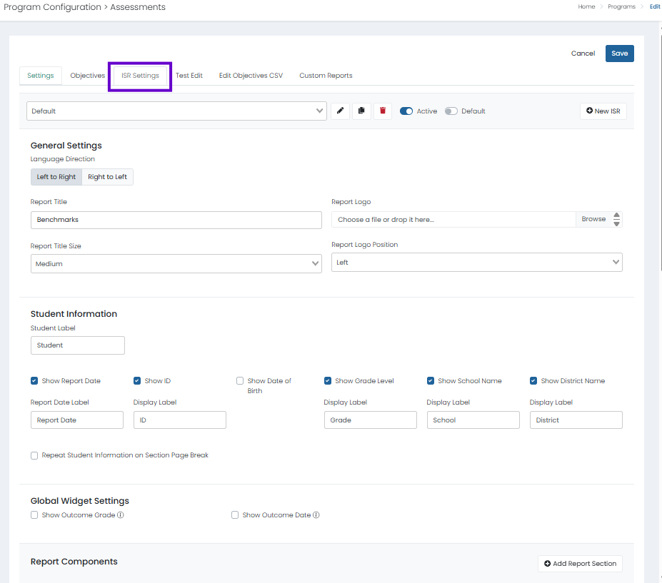 ISR Settings tab selected with default report set active, expandable sections for report configuration, and Add Section option available.