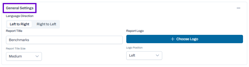 General Settings section expanded with left-to-right selected, report title entered, and options for title size, logo upload, and logo position.