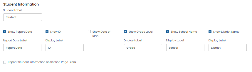 Student Information settings with fields for student details and checkboxes controlling which information appears on reports.