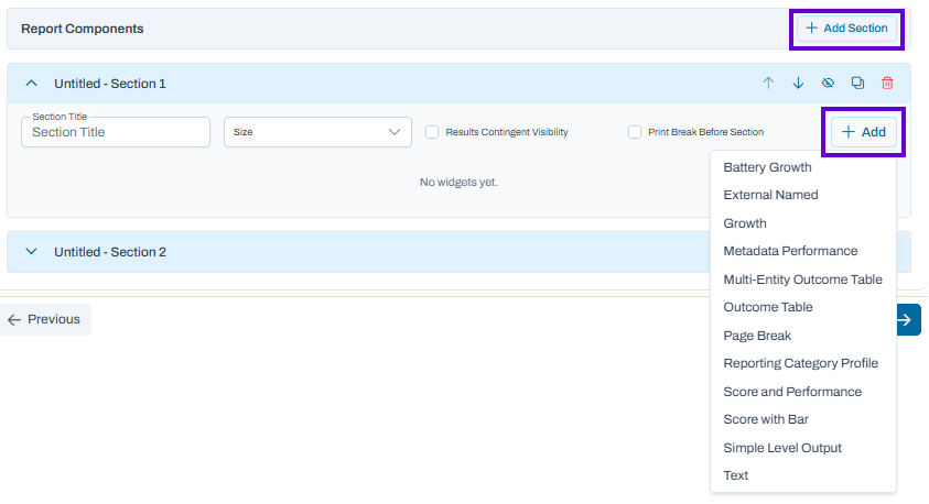Report Components section with two sections shown, Add menu open listing widget types, and Add Section option available.