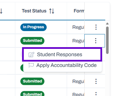 Student responses option highlighted in the actions dropdown menu.