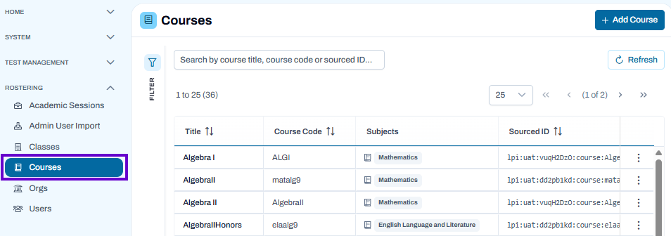 Courses page selected, showing searchable course list with subject details and actions for managing courses.
