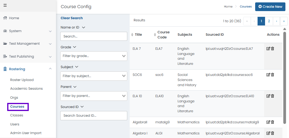 Courses page selected, showing searchable course list with subject details and actions for managing courses.