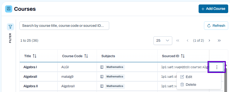 Courses page showing course list with search enabled and open actions menu for editing or deleting a course.