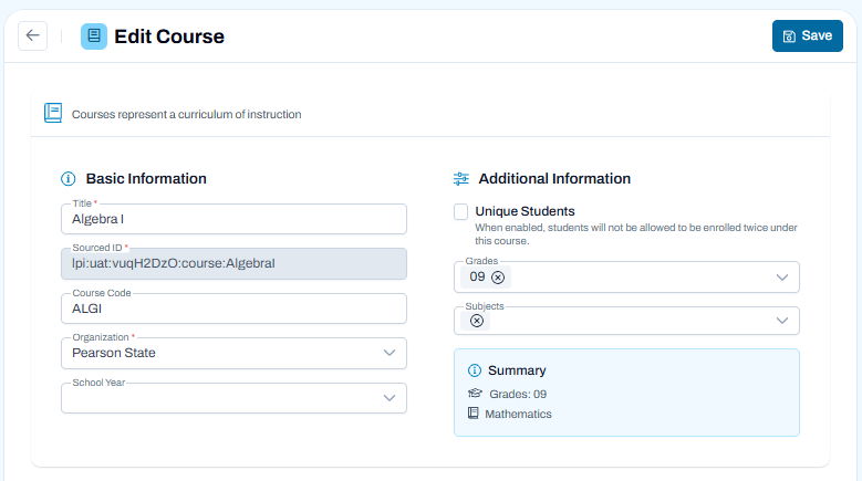 Edit Course page showing course details, grade and subject selections, and Unique Students setting.