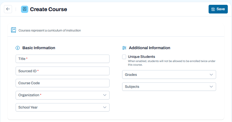 Create Course page showing required course details, grade and subject selections, and enrollment settings.