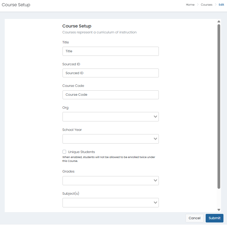Create Course page showing required course details, grade and subject selections, and enrollment settings.