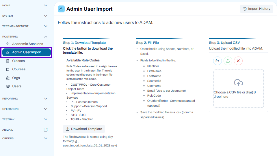 Admin User Import page showing user import steps and CSV upload area ready for file selection.