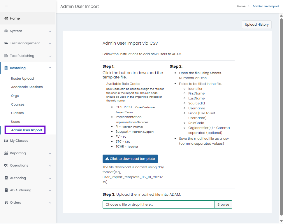 Admin User Import page showing user import steps and CSV upload area ready for file selection.