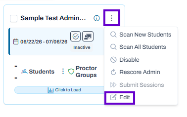 More actions menu open for the test admin, showing options to scan, disable, rescore, submit, and edit.