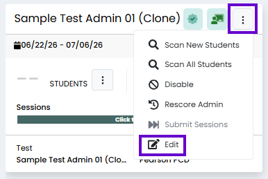 More actions menu open for the test admin, showing options to scan, disable, rescore, submit, and edit.