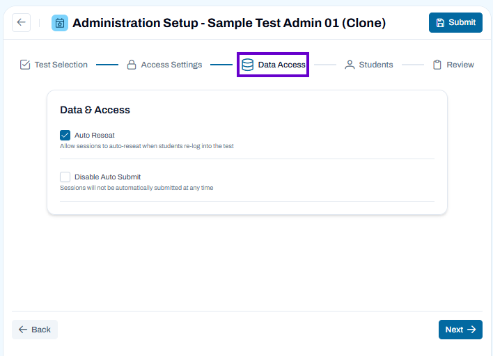 Data/Accessibility step selected. Configure auto-resume and auto-submit behavior for student testing sessions.