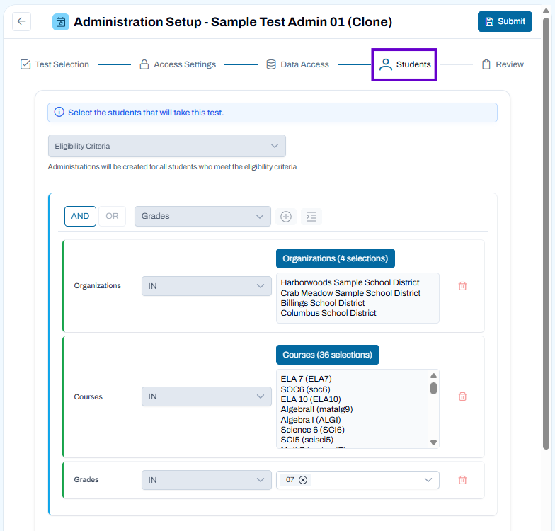 Students step selected. Create student eligibility rules, estimate student counts, and configure proctor approval settings.