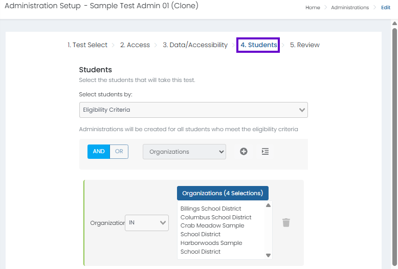 Students step selected. Create student eligibility rules, estimate student counts, and configure proctor approval settings.
