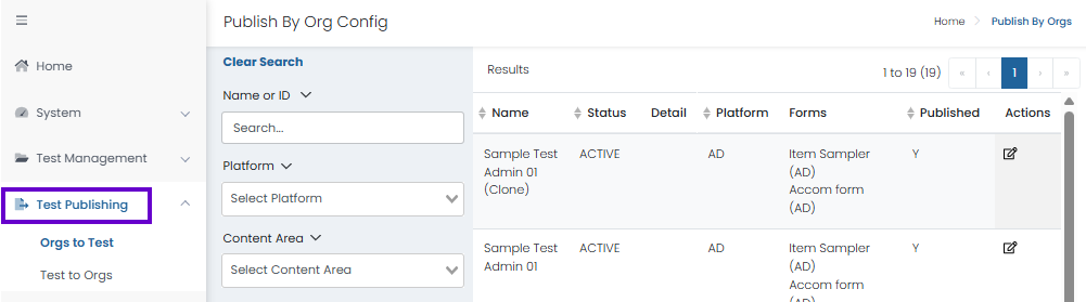 Test Publishing selected. Search and manage test-to-organization publishing assignments and view publication status.