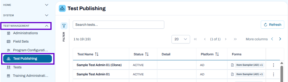 Test Publishing selected. Search and manage test-to-organization publishing assignments and view publication status.