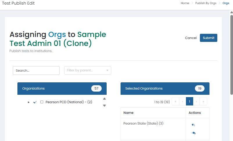 Configure Organizations page showing selected organizations and available organizations list for managing test publication access.
