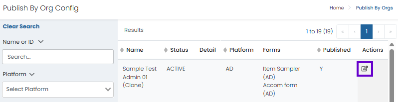 Test Publishing page with actions menu open. Configure organizations for the selected test publication.