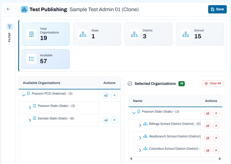 Configure Organizations page showing selected organizations and available organizations list for managing test publication access.